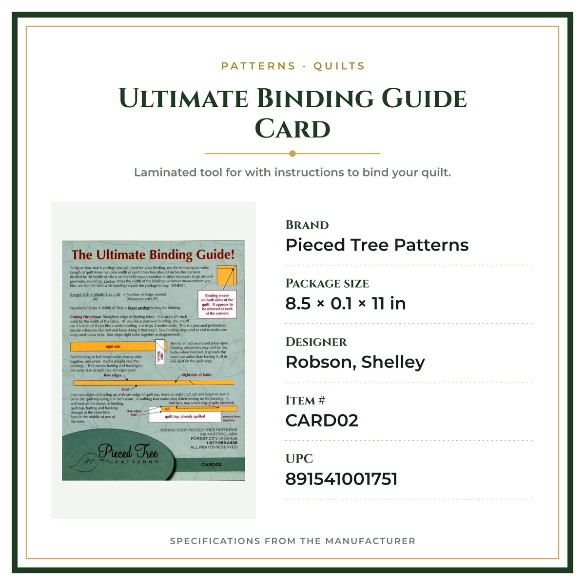 Product Specifications – Ultimate Binding Guide Card