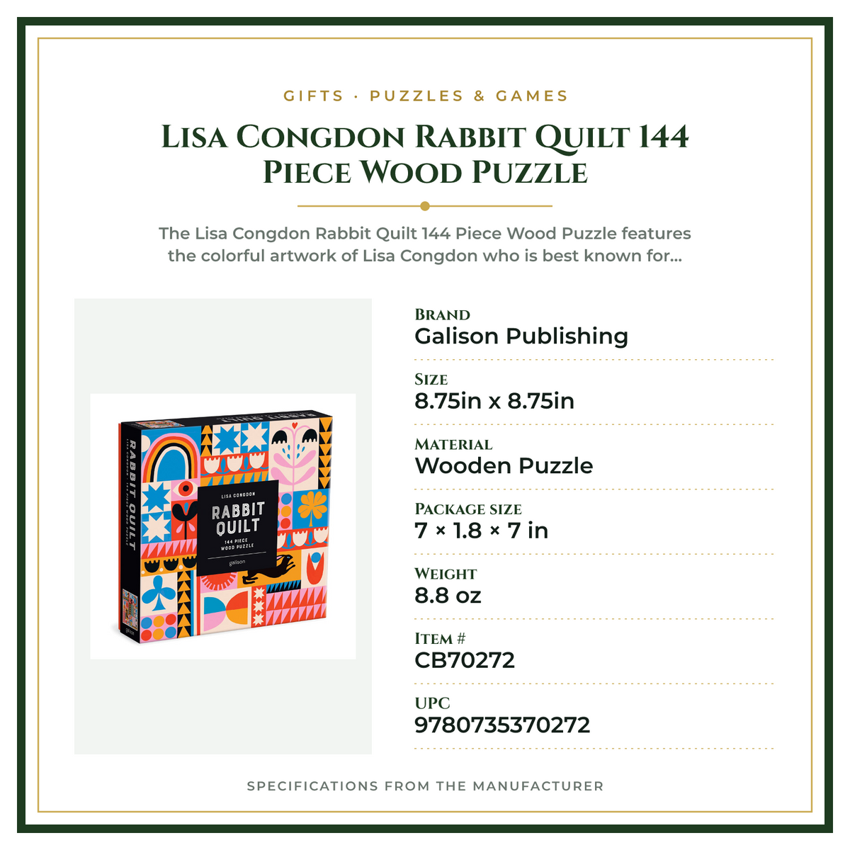 Product Specifications – Lisa Congdon Rabbit Quilt 144 Piece Wood Puzzle