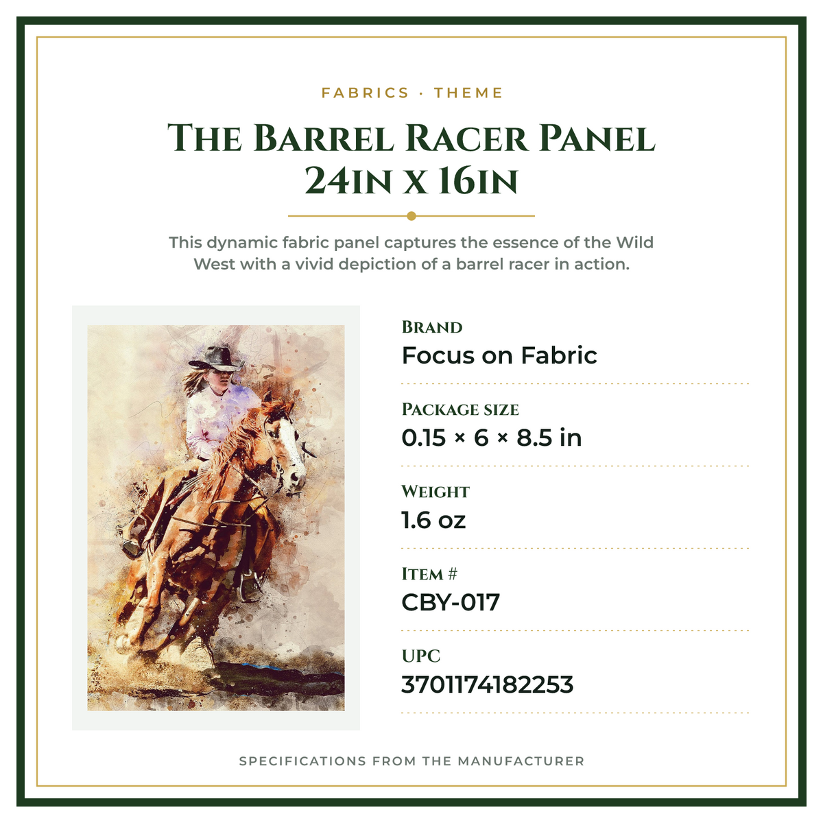 Product Specifications – The Barrel Racer Panel 24in x 16in