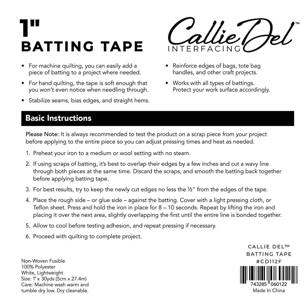 Callie Del® Batting Tape 1in x 30yds