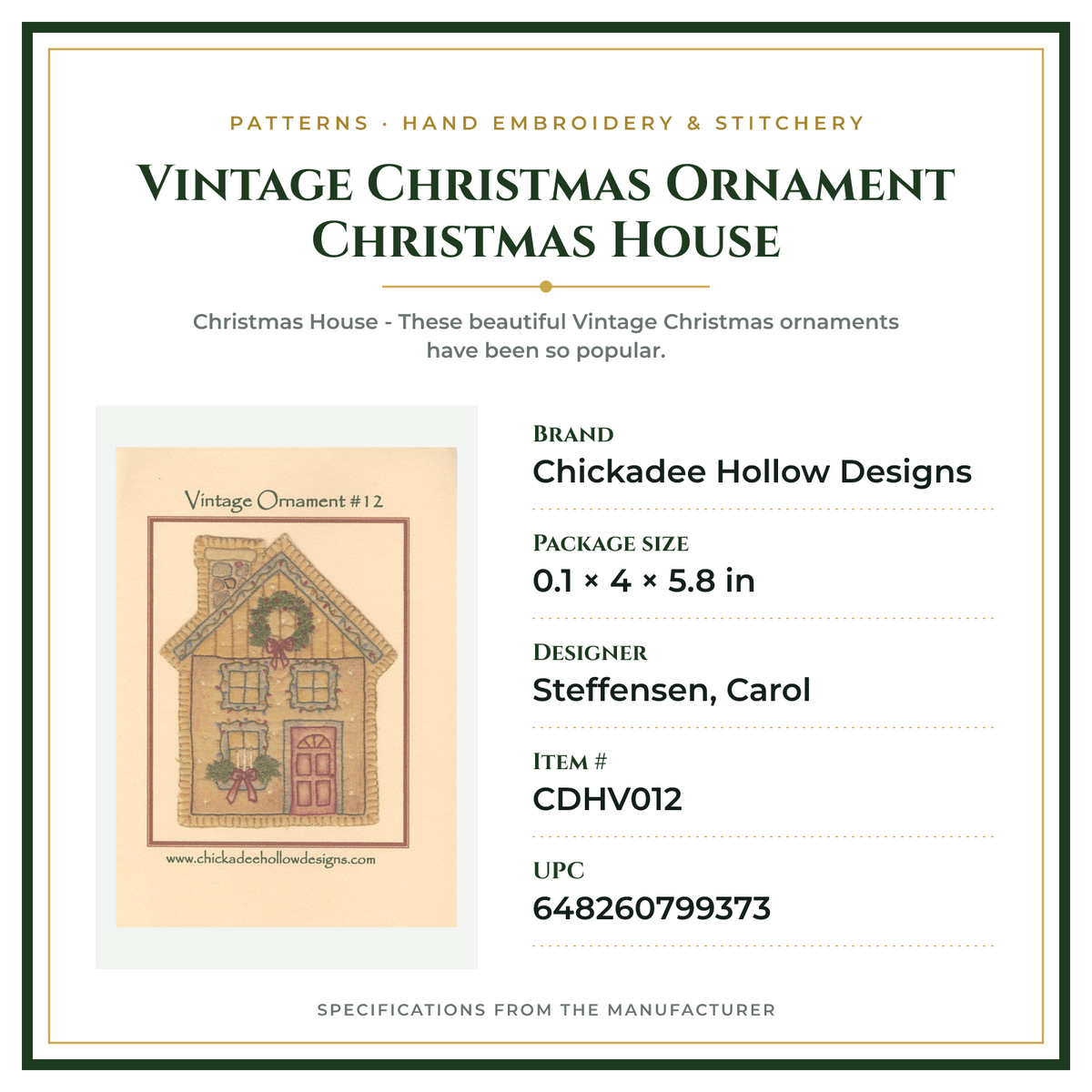 Product Specifications – Vintage Christmas Ornament Christmas House