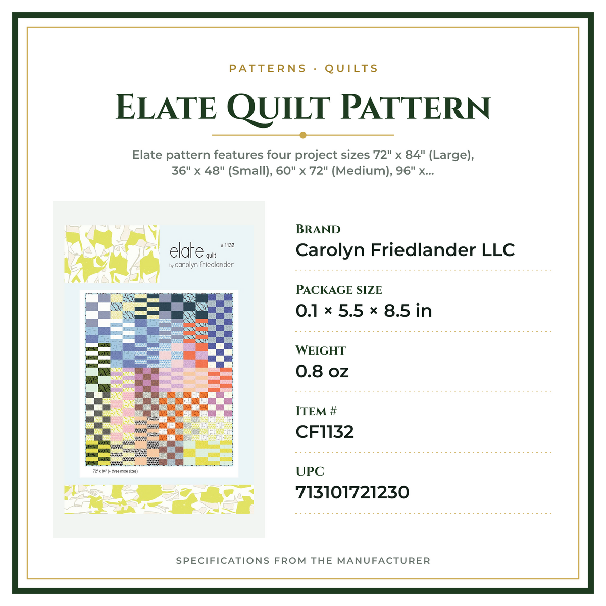 Product Specifications – Elate Quilt Pattern