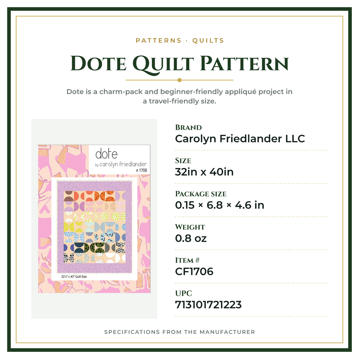 Product Specifications – Dote Quilt Pattern