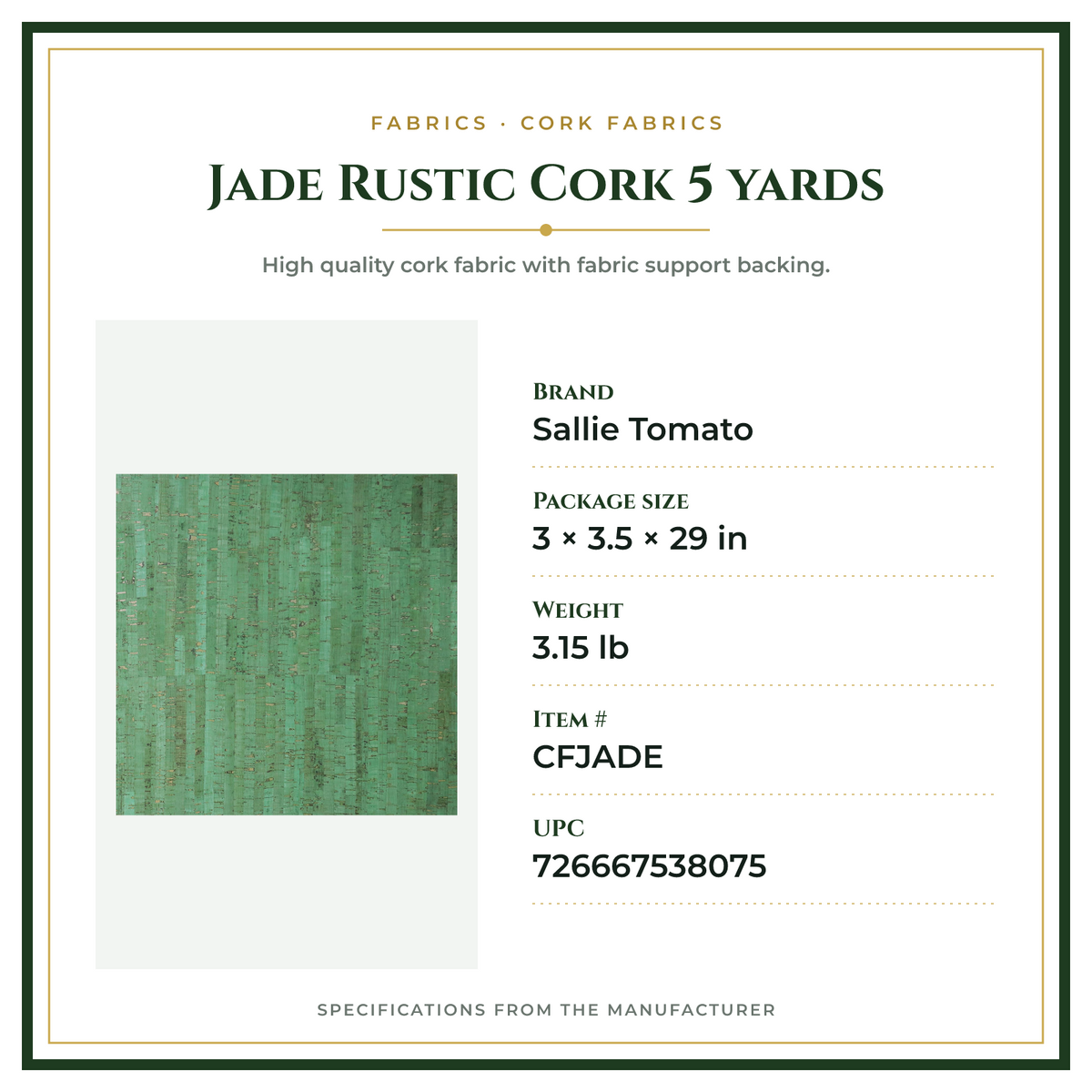 Product Specifications – Jade Rustic Cork 5 yards