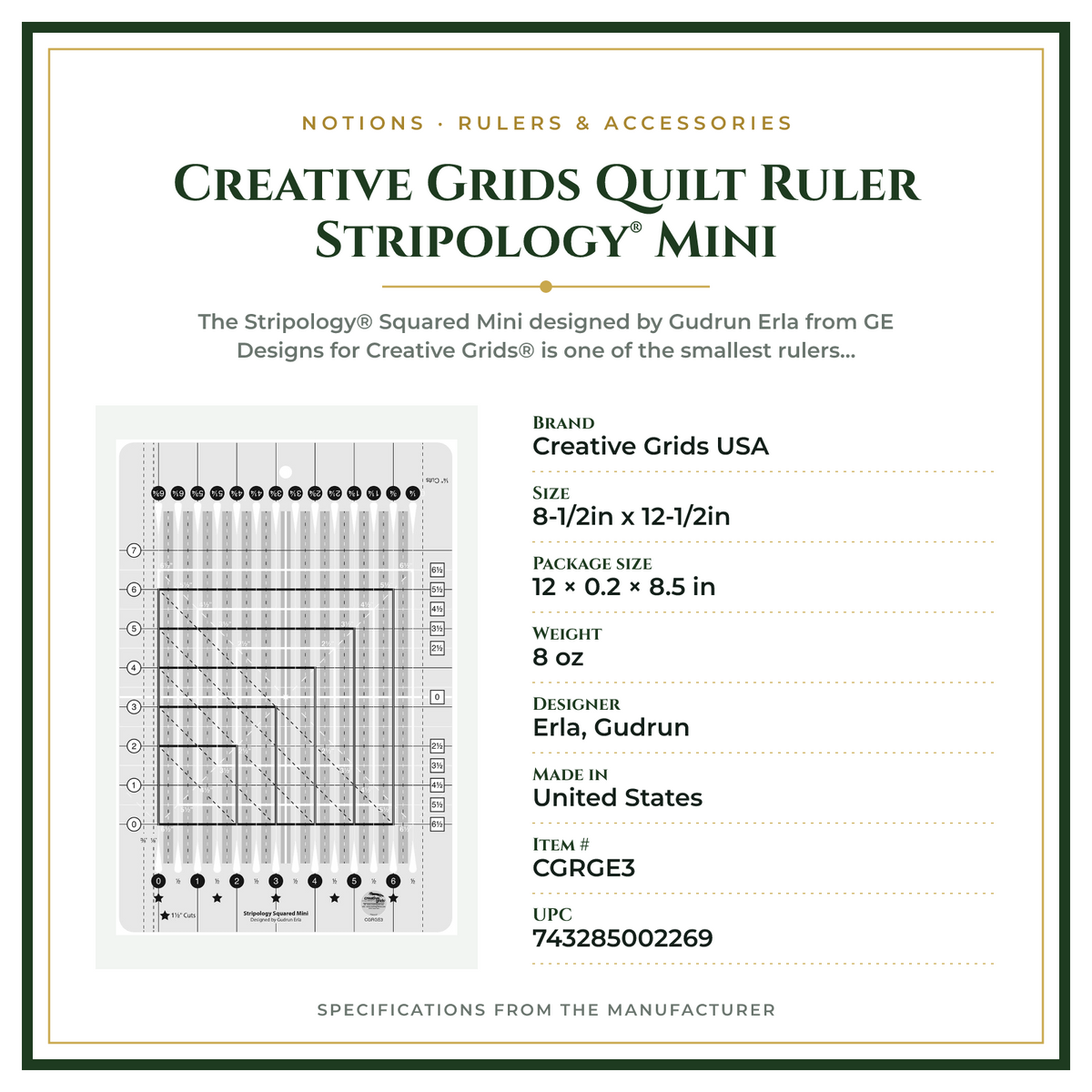 Product Specifications – Creative Grids Quilt Ruler Stripology® Mini