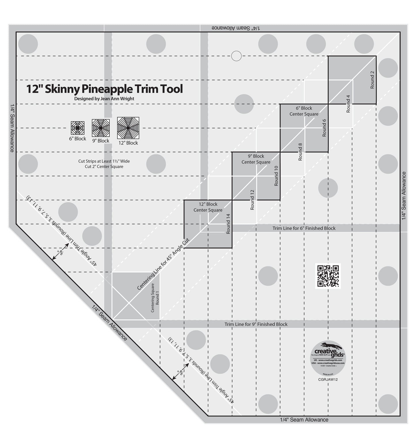 Creative Grids Quilt Ruler 12in Skinny Pineapple Trim Tool