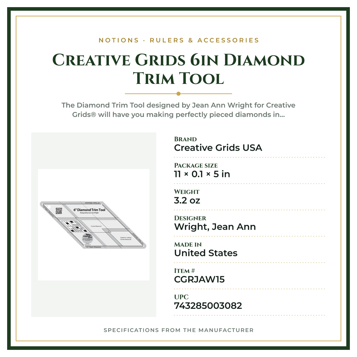 Product Specifications – Creative Grids 6in Diamond Trim Tool