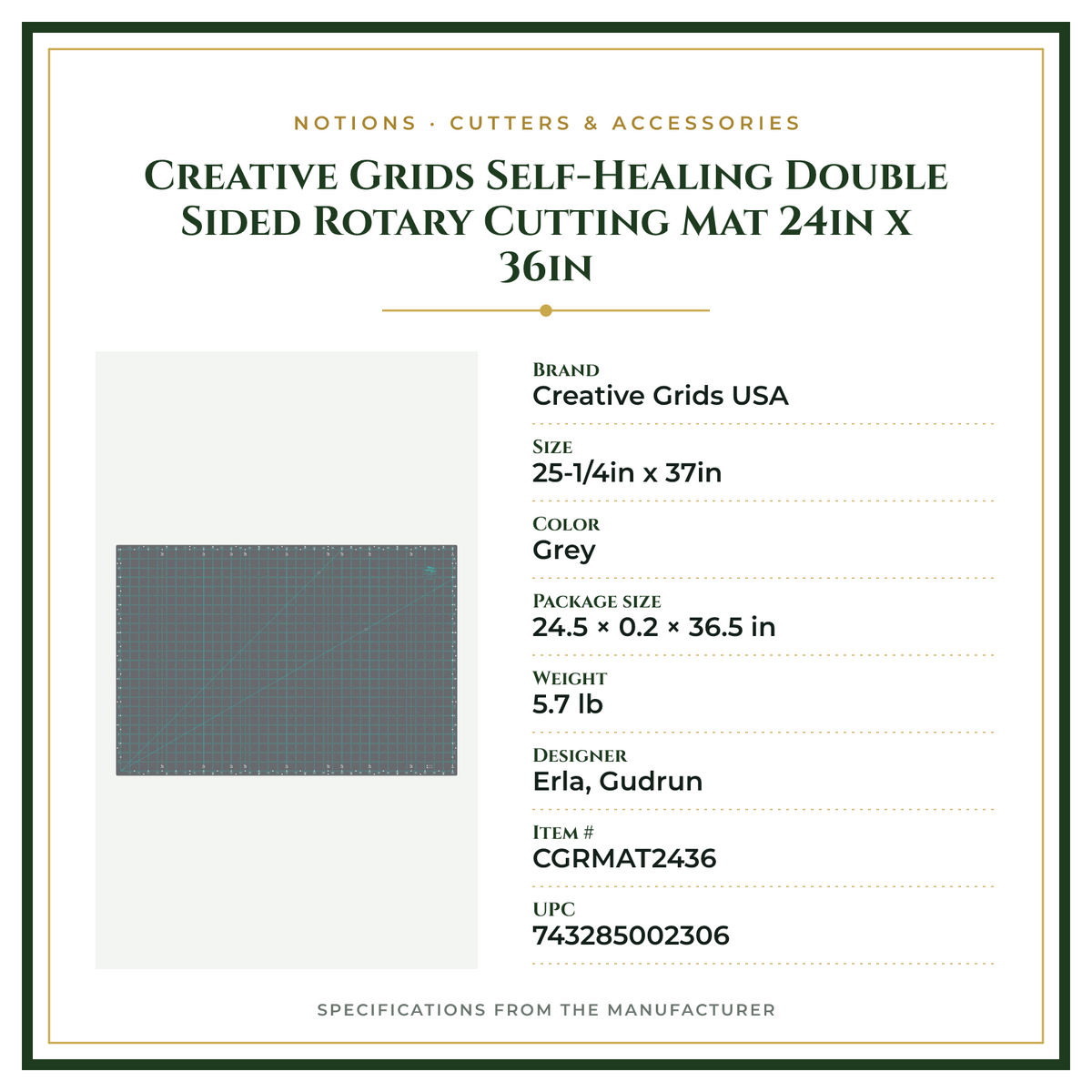 Product Specifications – Creative Grids Self-Healing Double Sided Rotary Cutting Mat 24in x 36in