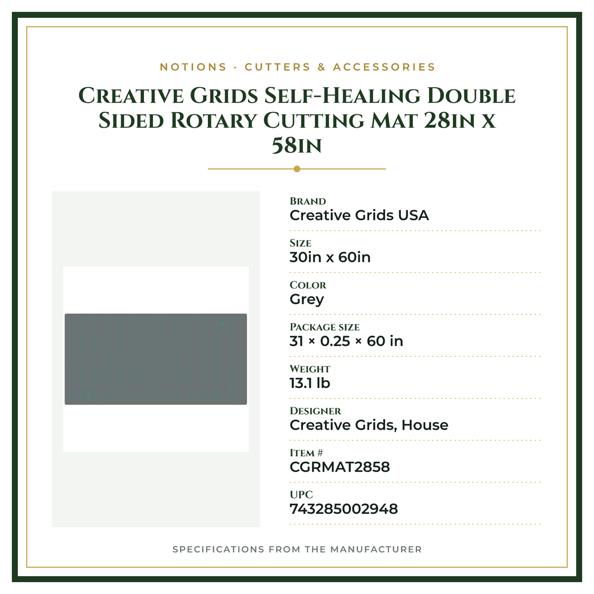Product Specifications – Creative Grids Self-Healing Double Sided Rotary Cutting Mat 28in x 58in