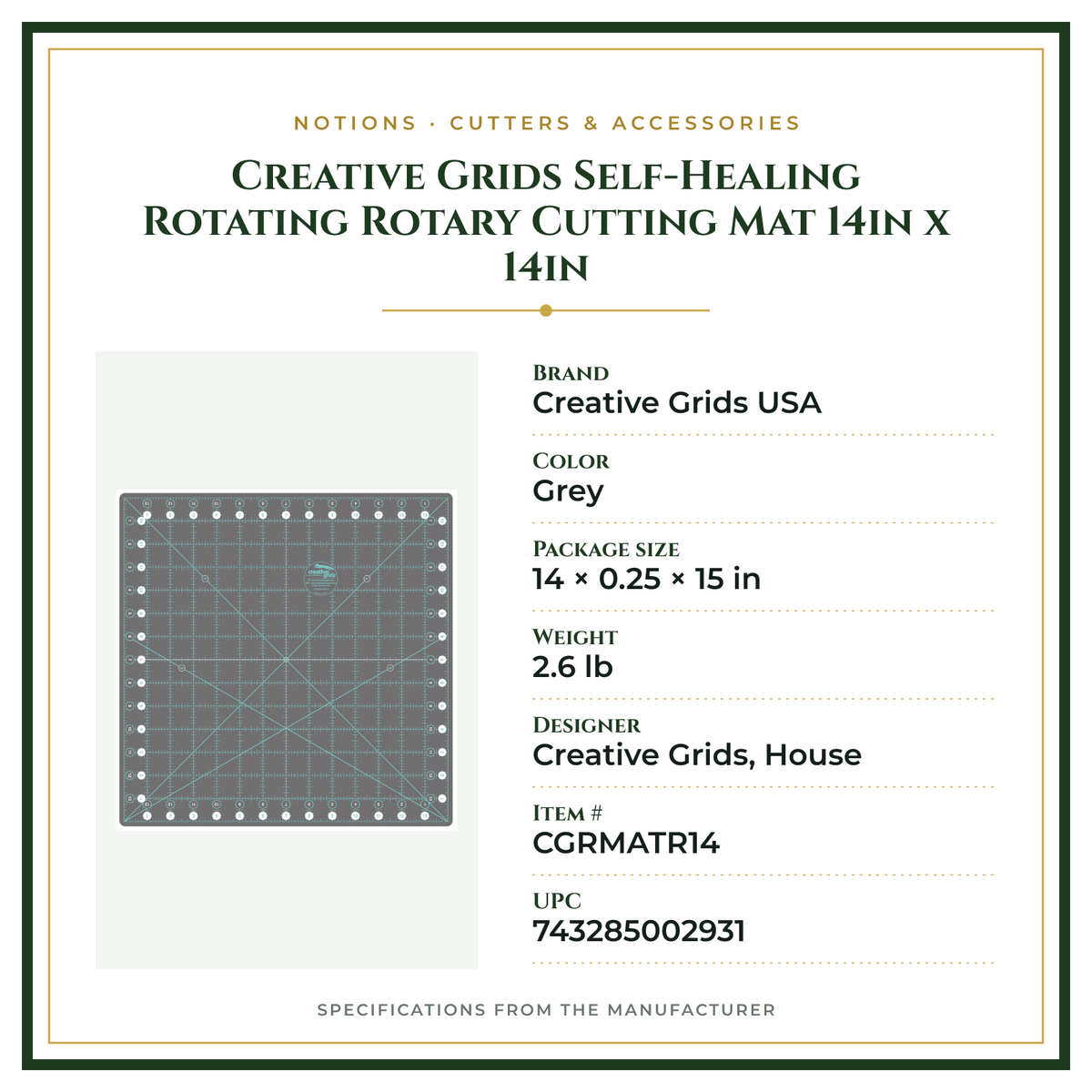 Product Specifications – Creative Grids Self-Healing Rotating Rotary Cutting Mat 14in x 14in