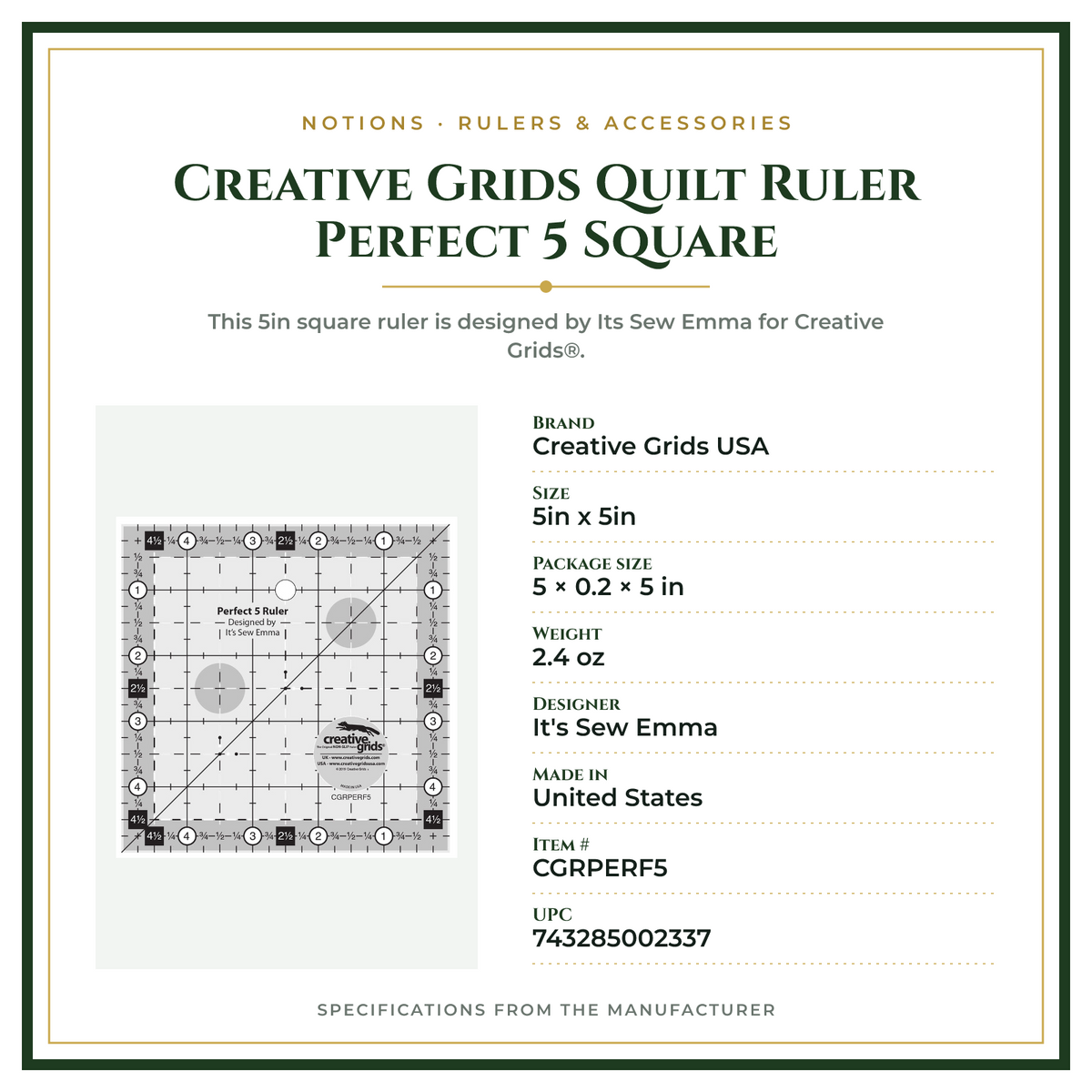 Product Specifications – Creative Grids Quilt Ruler Perfect 5 Square