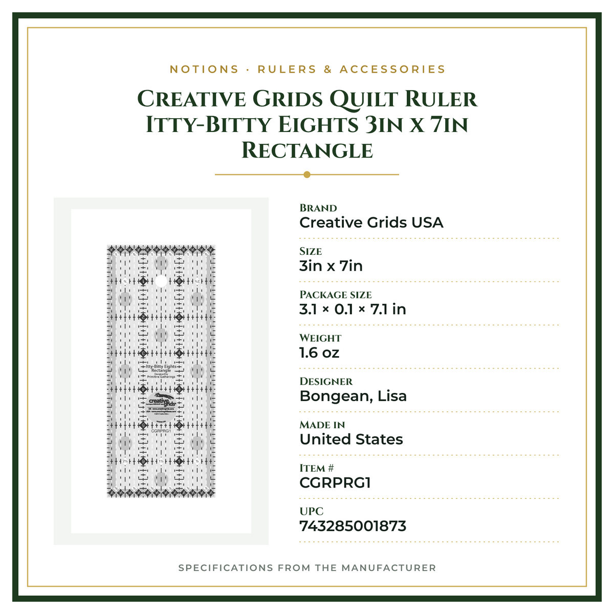 Product Specifications – Creative Grids Quilt Ruler Itty-Bitty Eights 3in x 7in  Rectangle