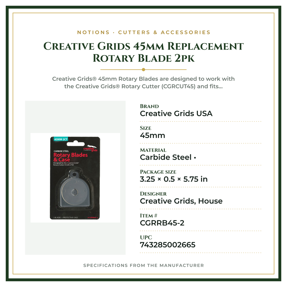 Product Specifications – Creative Grids 45mm Replacement Rotary Blade 2pk
