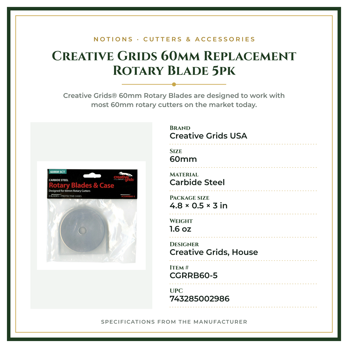 Product Specifications – Creative Grids 60mm Replacement Rotary Blade 5pk