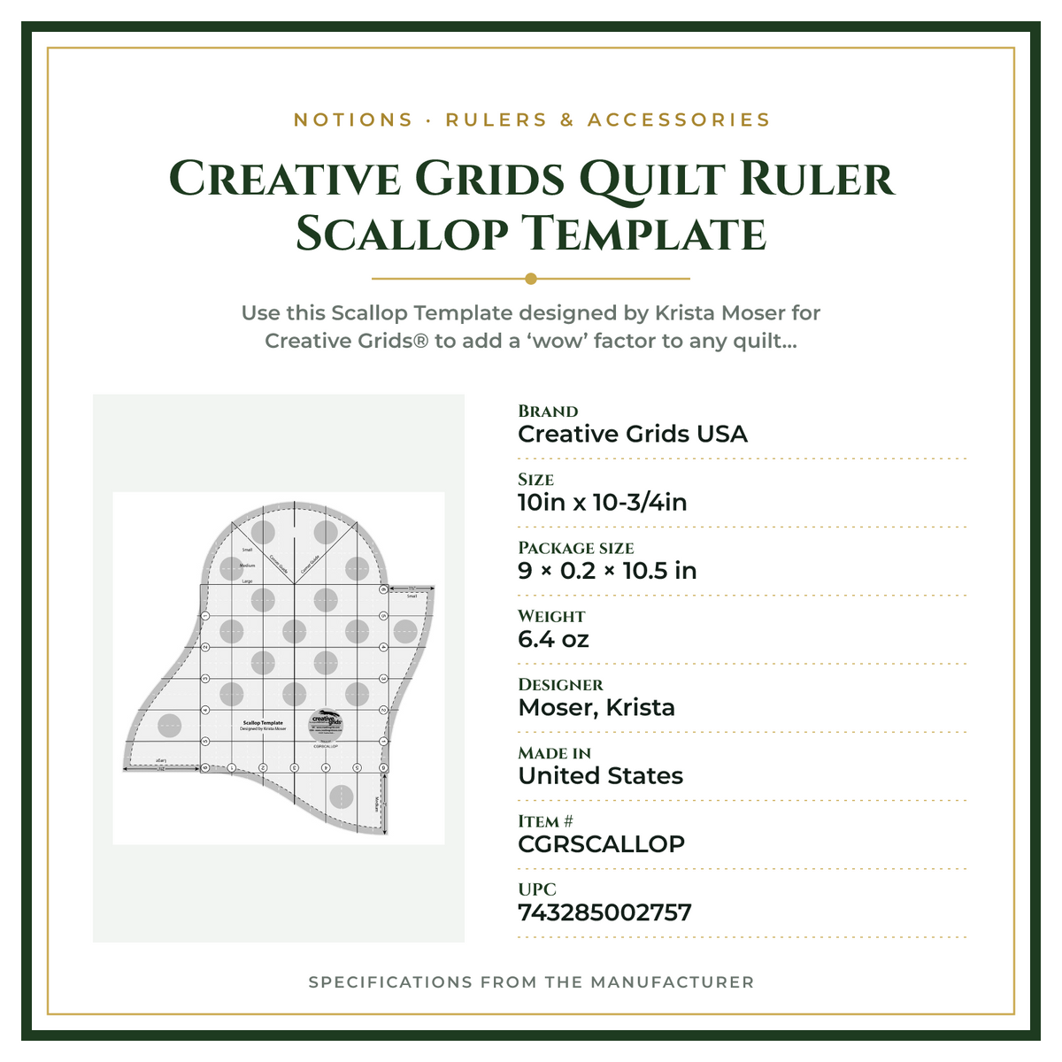 Product Specifications – Creative Grids Quilt Ruler Scallop Template