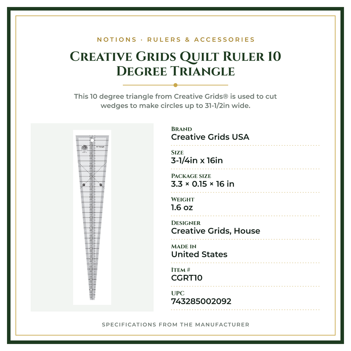 Product Specifications – Creative Grids Quilt Ruler 10 Degree Triangle