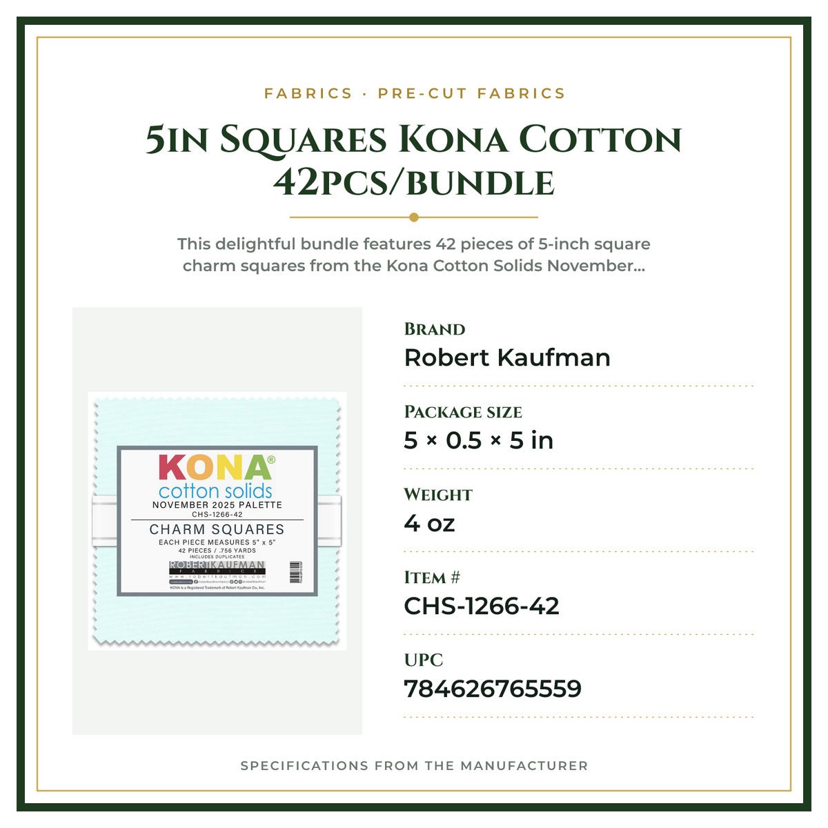Product Specifications – 5in Squares Kona Cotton 42pcs/bundle