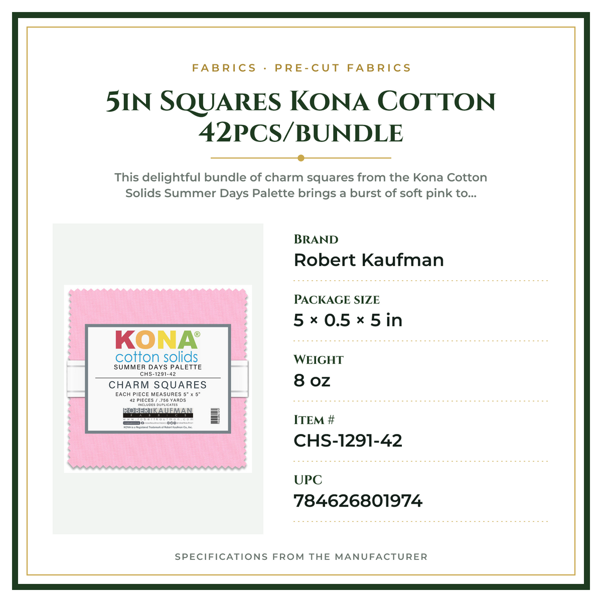 Product Specifications – 5in Squares Kona Cotton 42pcs/bundle