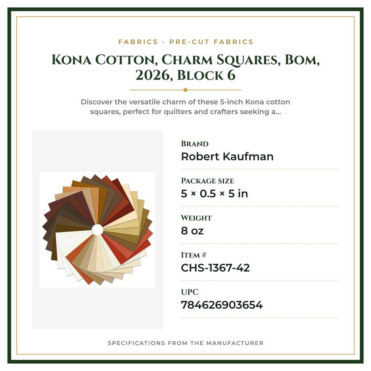 Product Specifications – Kona Cotton, Charm Squares, Bom, 2026, Block 6
