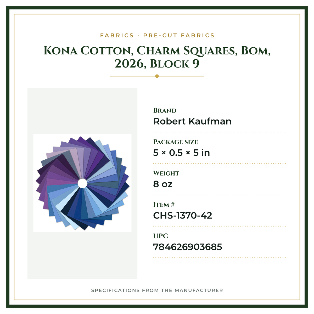 Product Specifications – Kona Cotton, Charm Squares, Bom, 2026, Block 9
