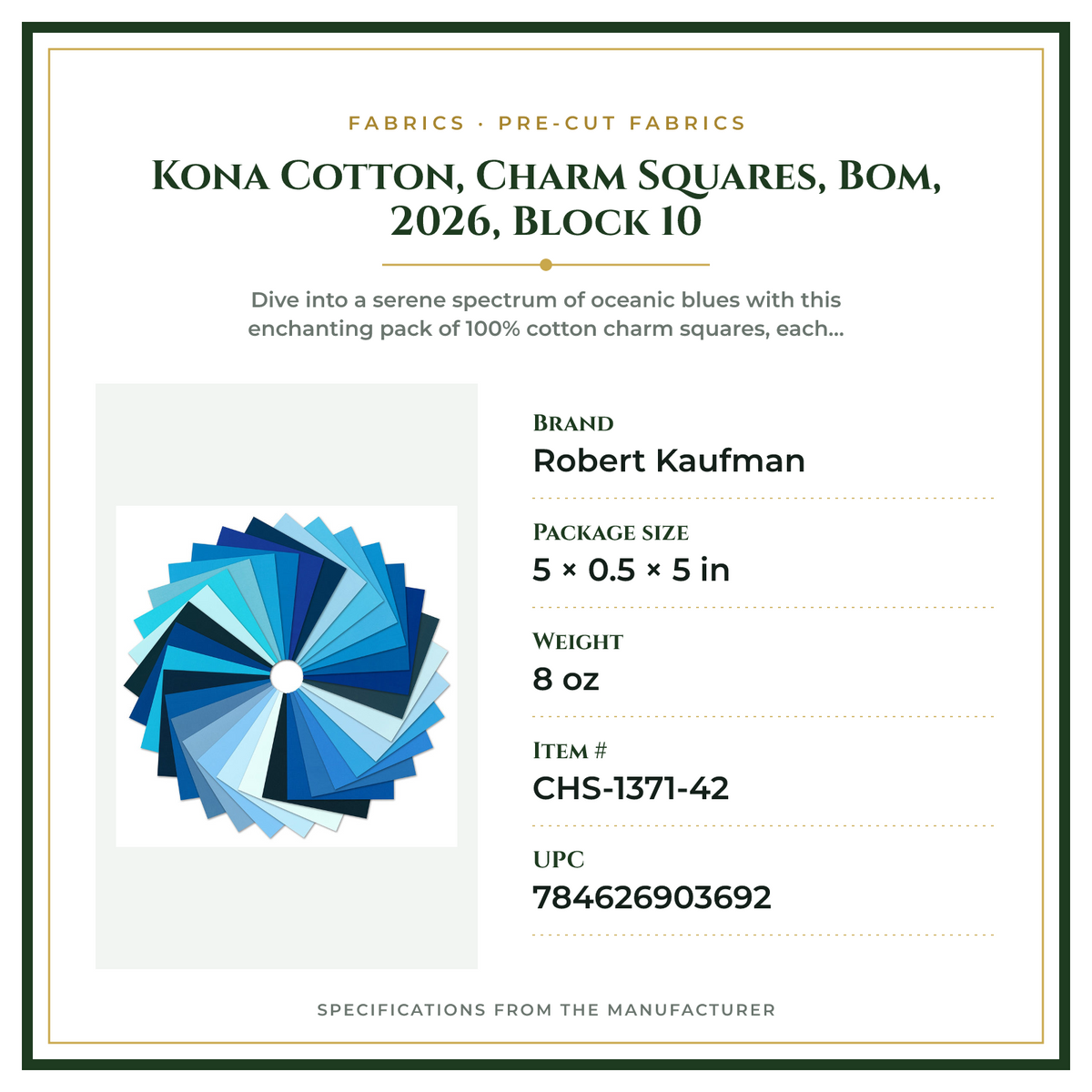 Product Specifications – Kona Cotton, Charm Squares, Bom, 2026, Block 10