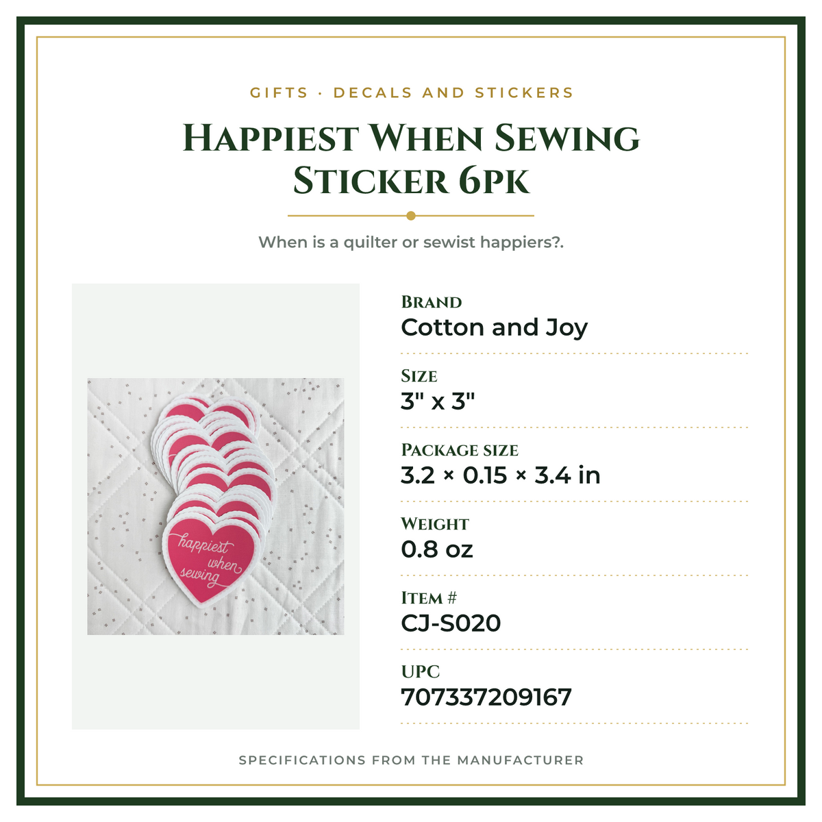 Product Specifications – Happiest When Sewing Sticker 6pk