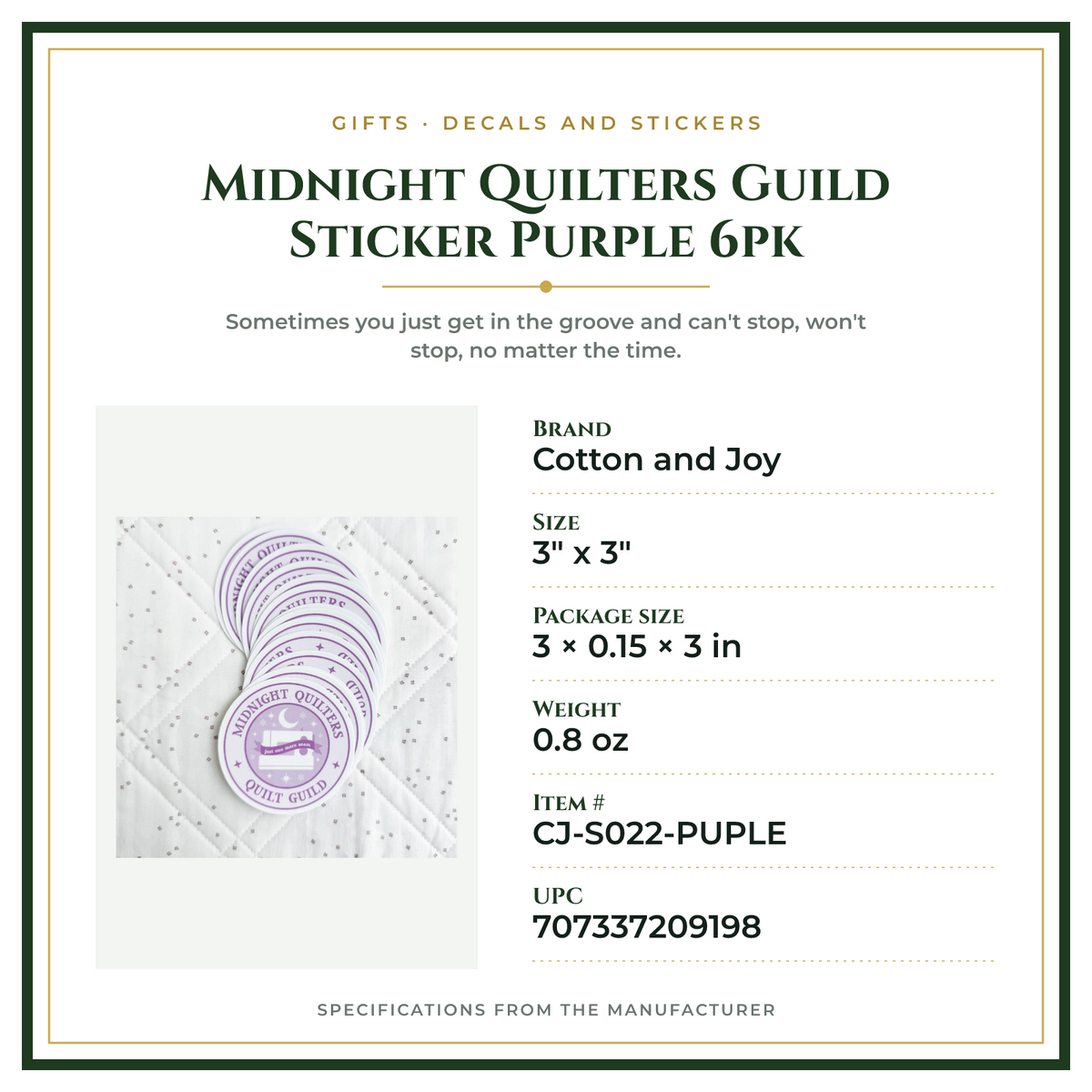 Product Specifications – Midnight Quilters Guild Sticker Purple 6pk