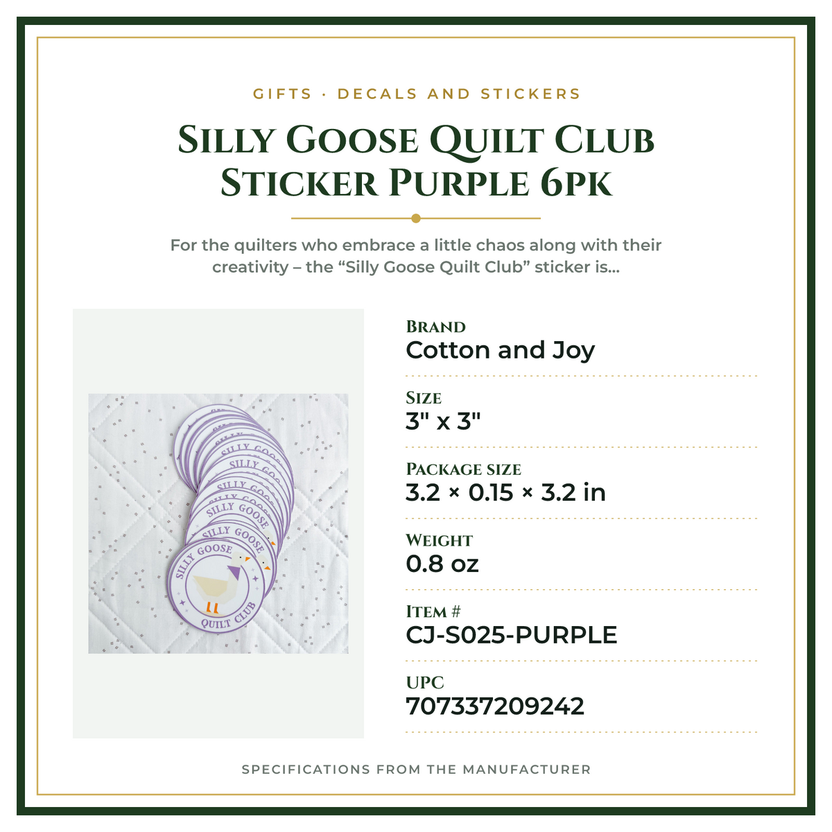Product Specifications – Silly Goose Quilt Club Sticker Purple 6pk