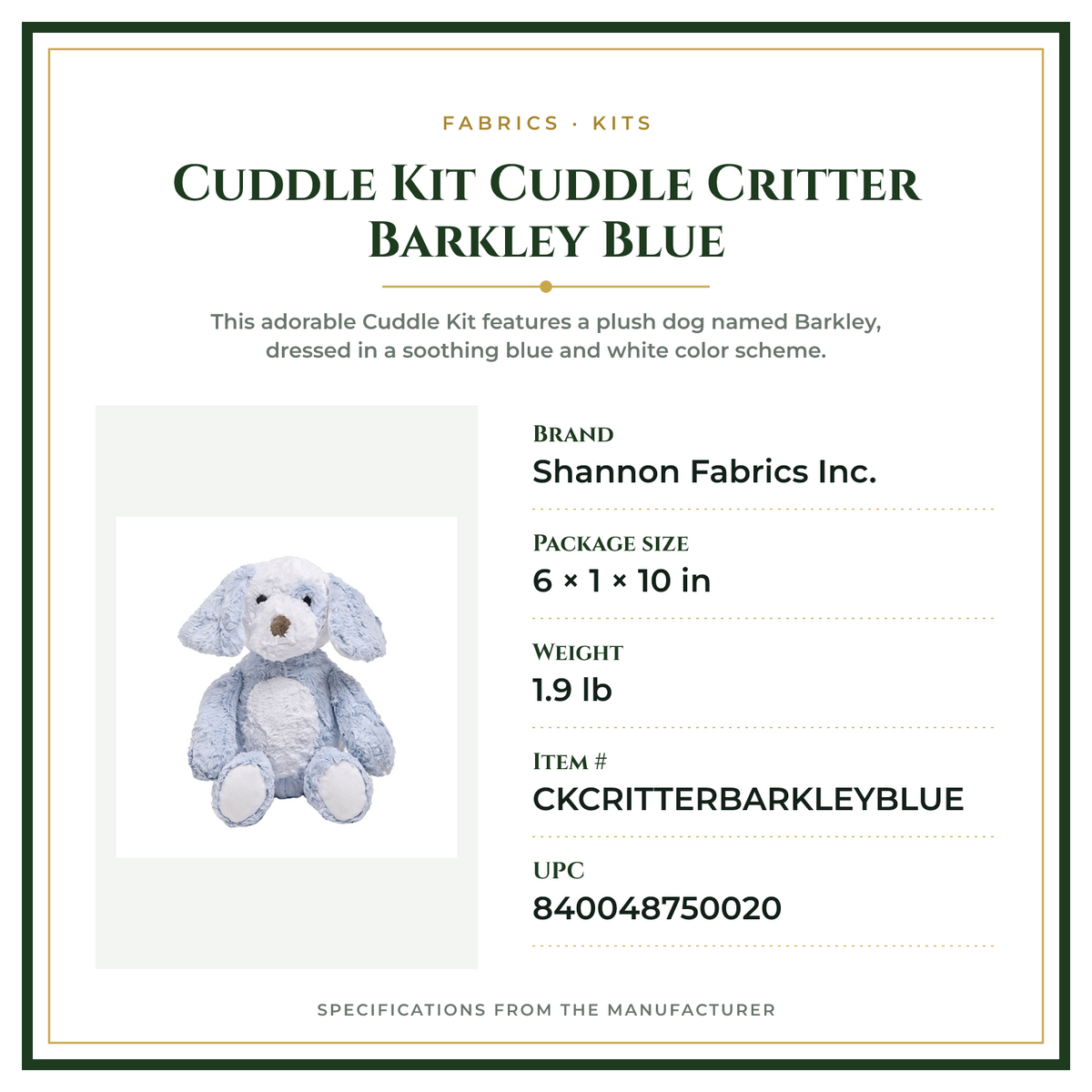 Product Specifications – Cuddle Kit Cuddle Critter Barkley Blue