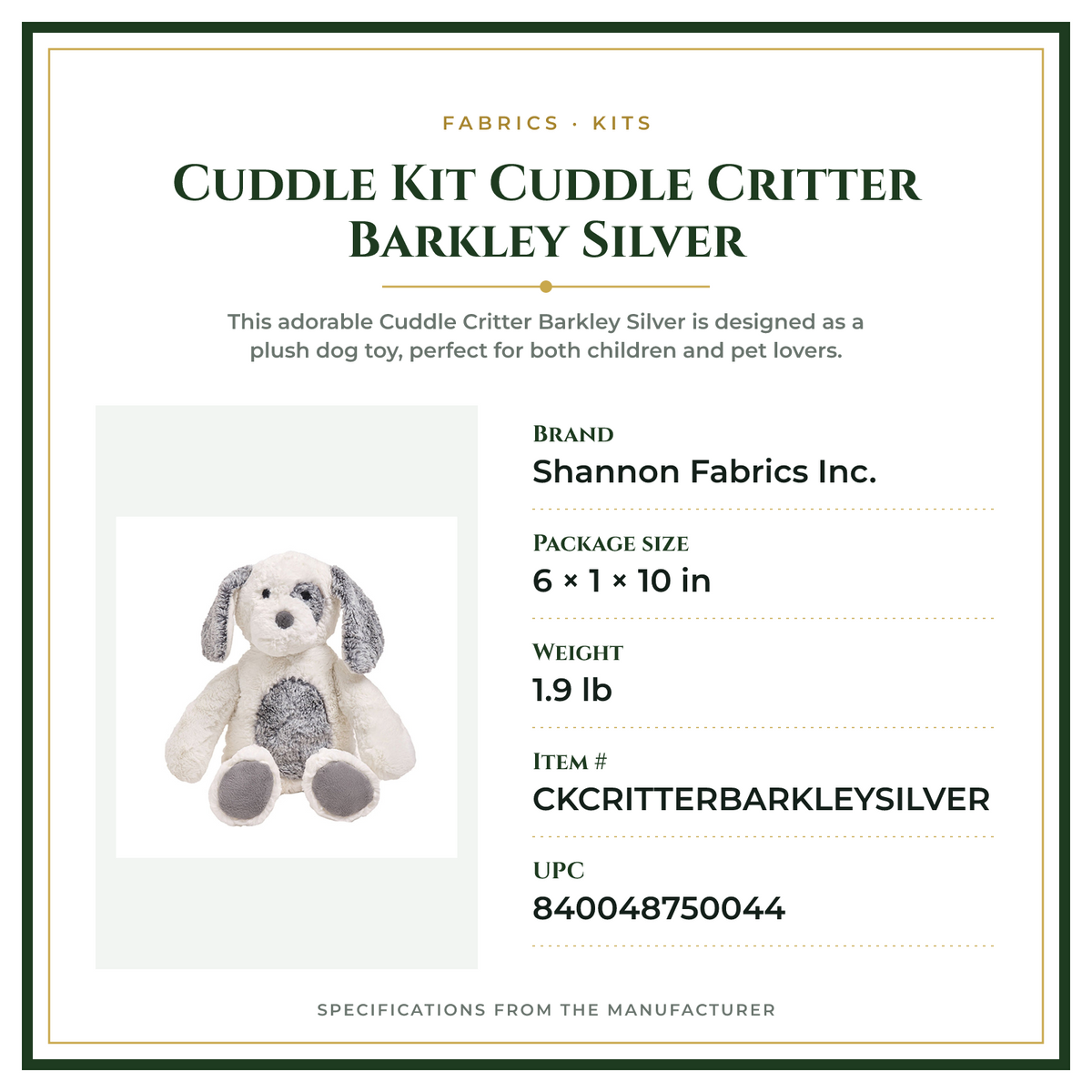 Product Specifications – Cuddle Kit Cuddle Critter Barkley Silver