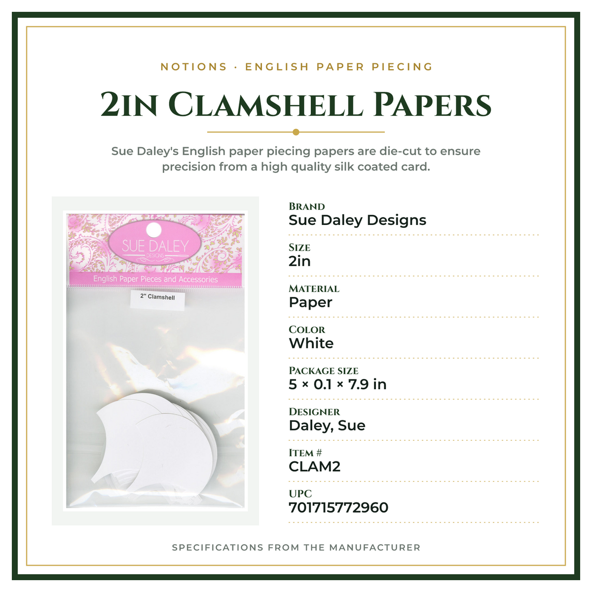 Product Specifications – 2in Clamshell Papers