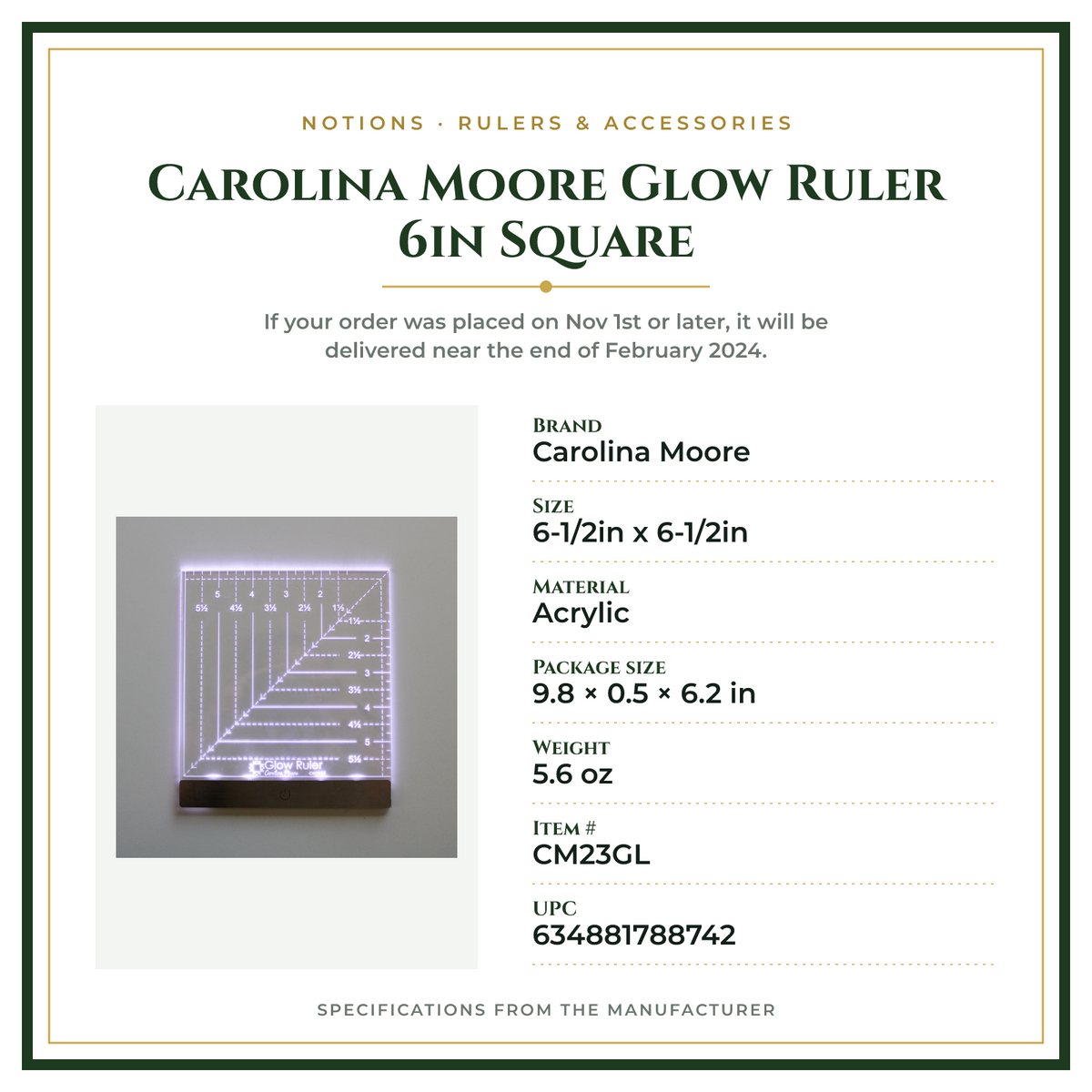 Product Specifications – Carolina Moore Glow Ruler 6in Square