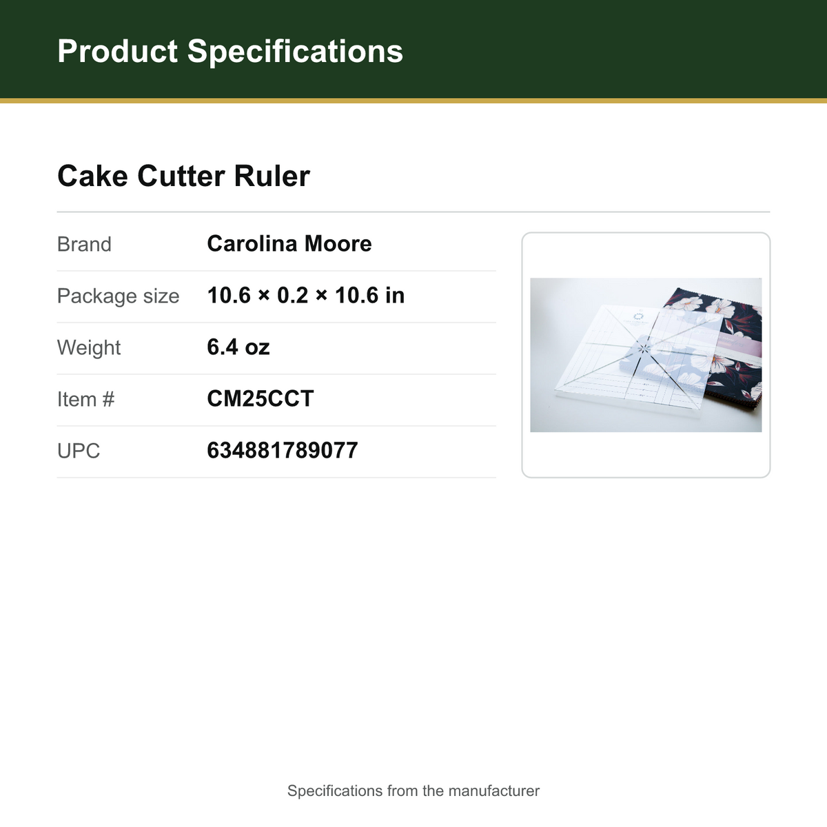 Product Specifications – Cake Cutter Ruler