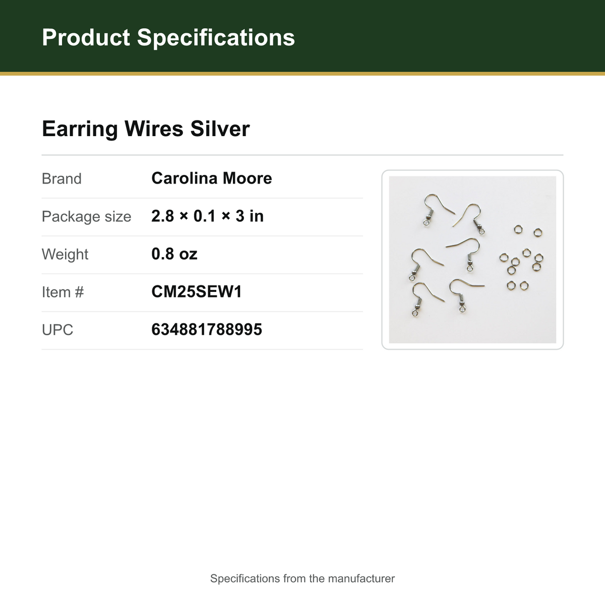 Product Specifications – Earring Wires Silver