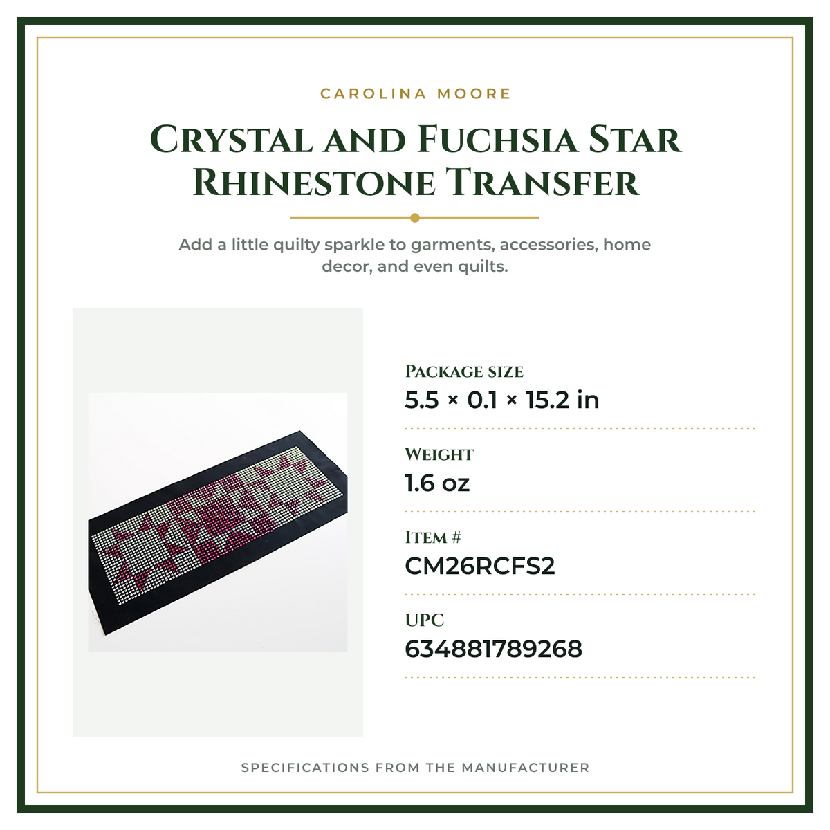 Product Specifications – Crystal and Fuchsia Star Rhinestone Transfer