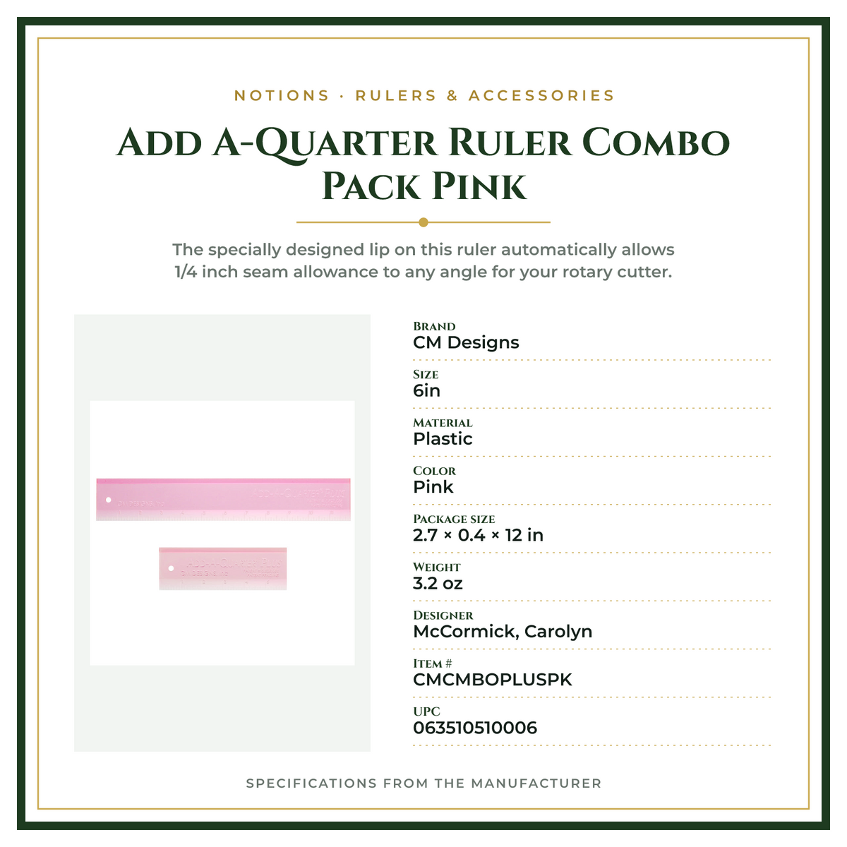 Product Specifications – Add A-Quarter Ruler Combo Pack Pink