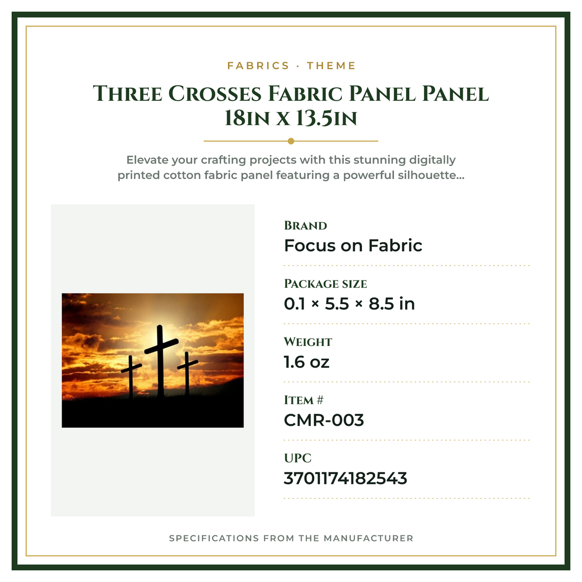 Product Specifications – Three Crosses Fabric Panel Panel 18in x 13.5in