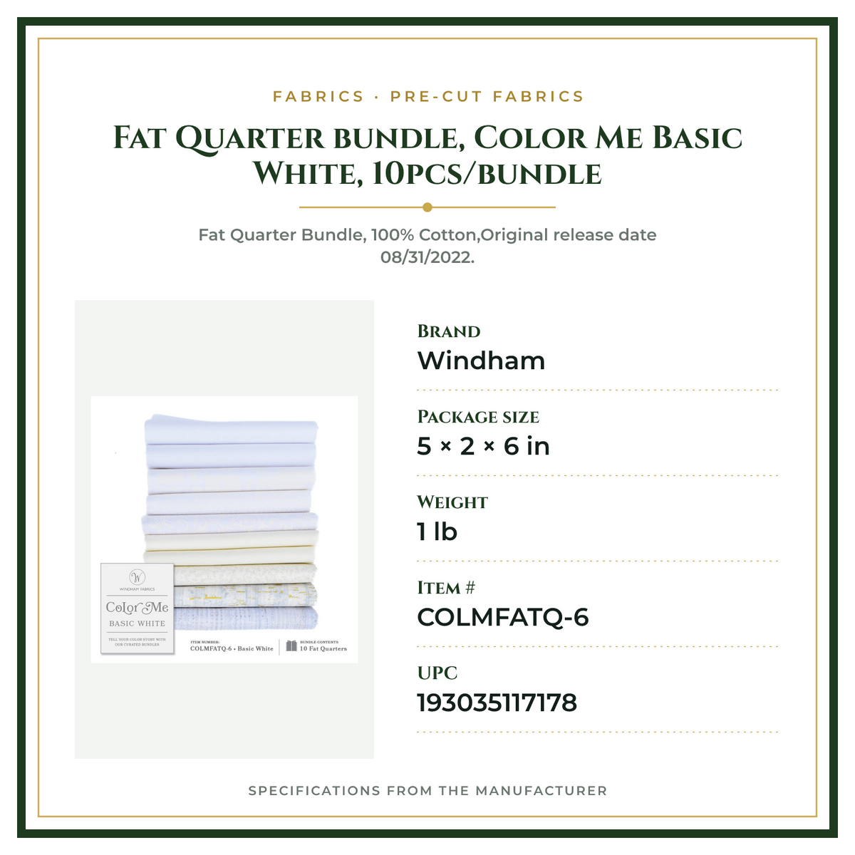 Product Specifications – Fat Quarter bundle, Color Me Basic White, 10pcs/bundle