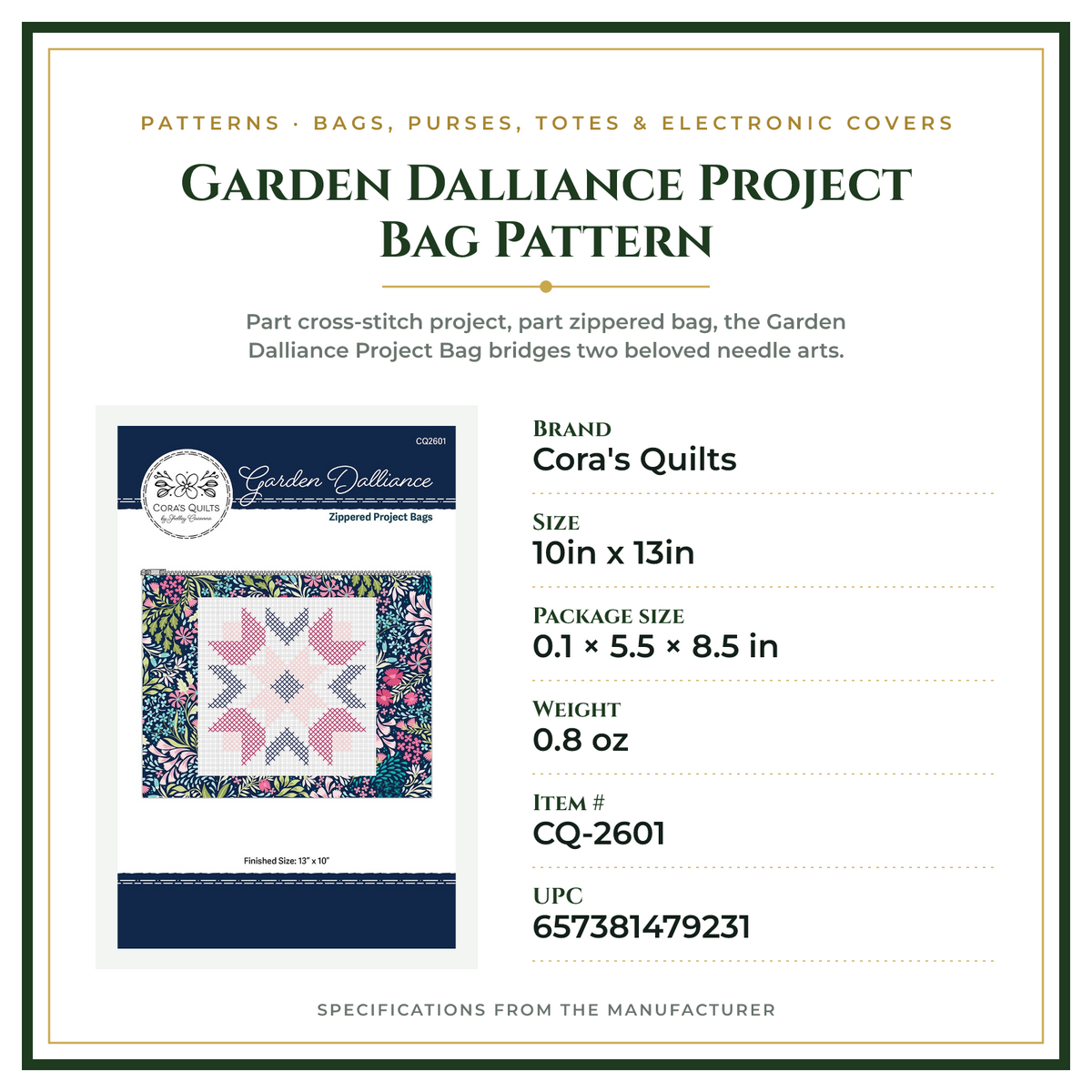 Product Specifications – Garden Dalliance Project Bag Pattern