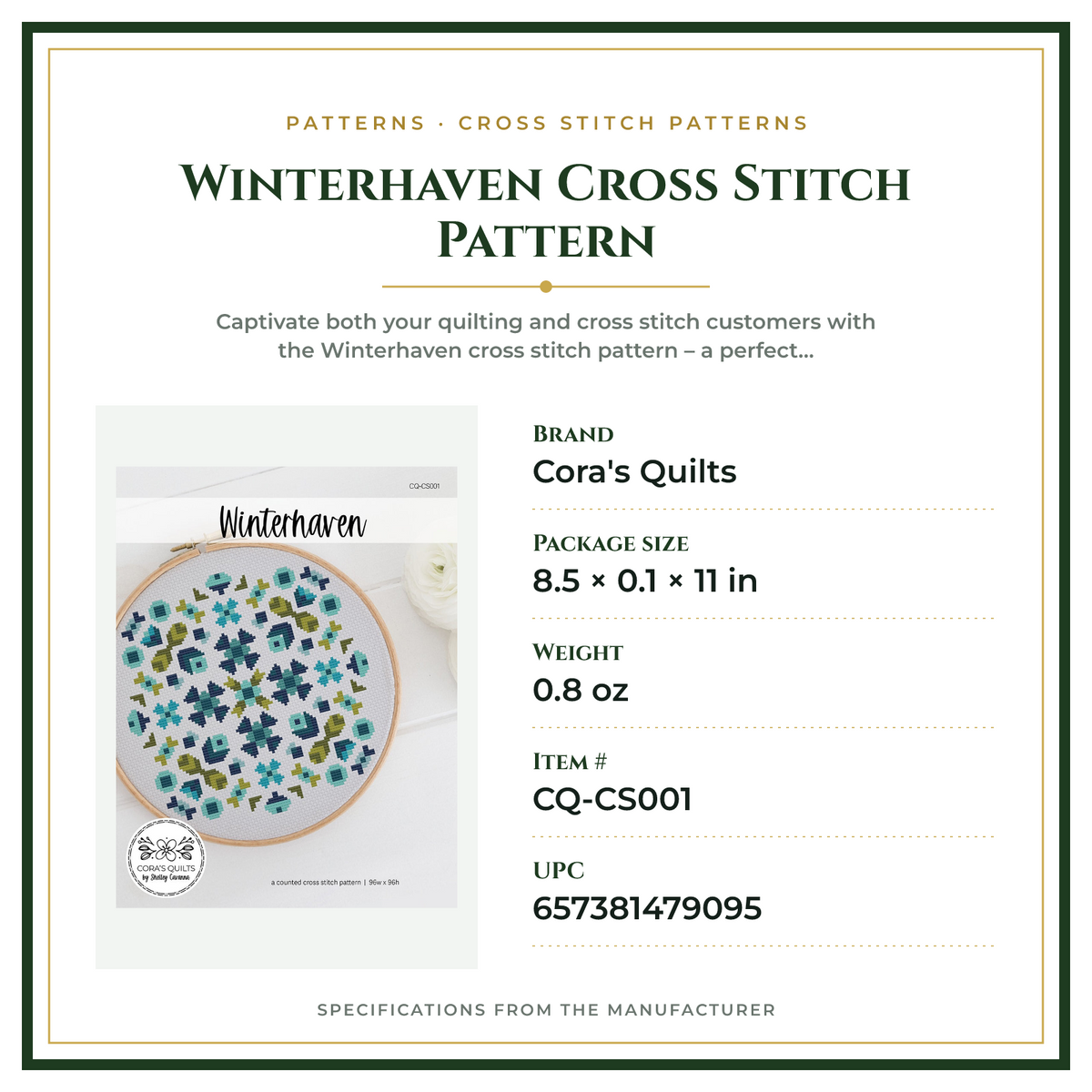 Product Specifications – Winterhaven Cross Stitch Pattern