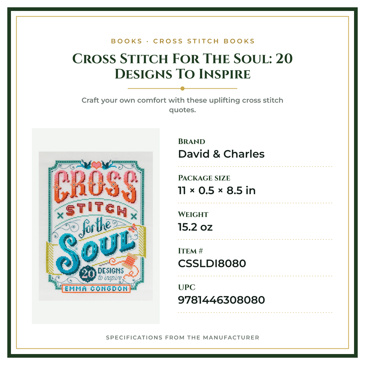 Product Specifications – Cross Stitch For The Soul:  20 Designs To Inspire