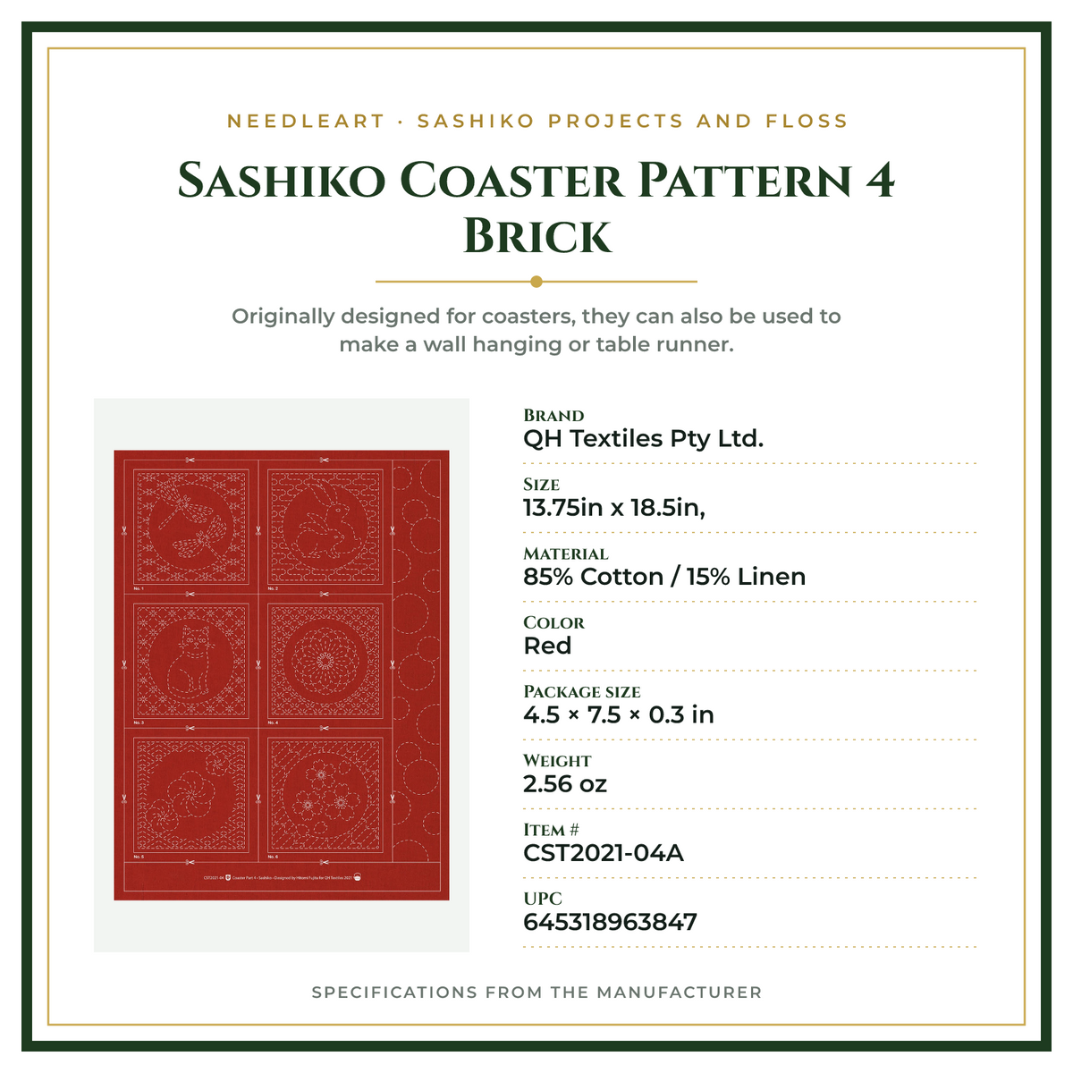Product Specifications – Sashiko Coaster Pattern 4 Brick