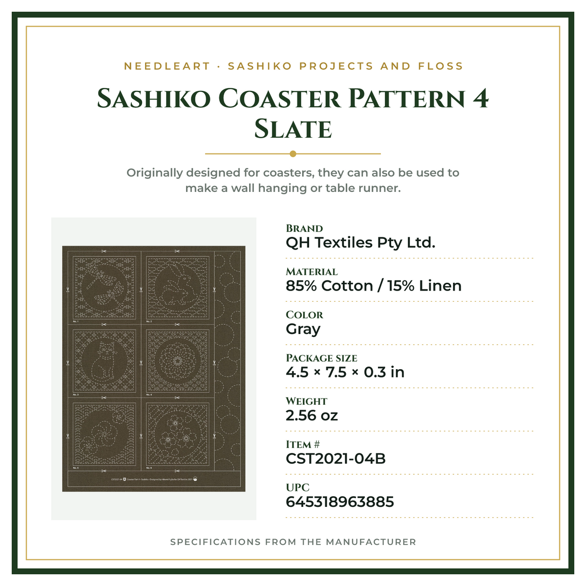Product Specifications – Sashiko Coaster Pattern 4 Slate