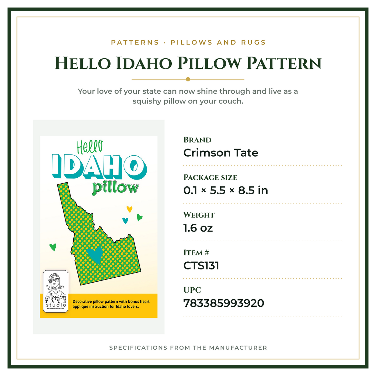 Product Specifications – Hello Idaho Pillow Pattern