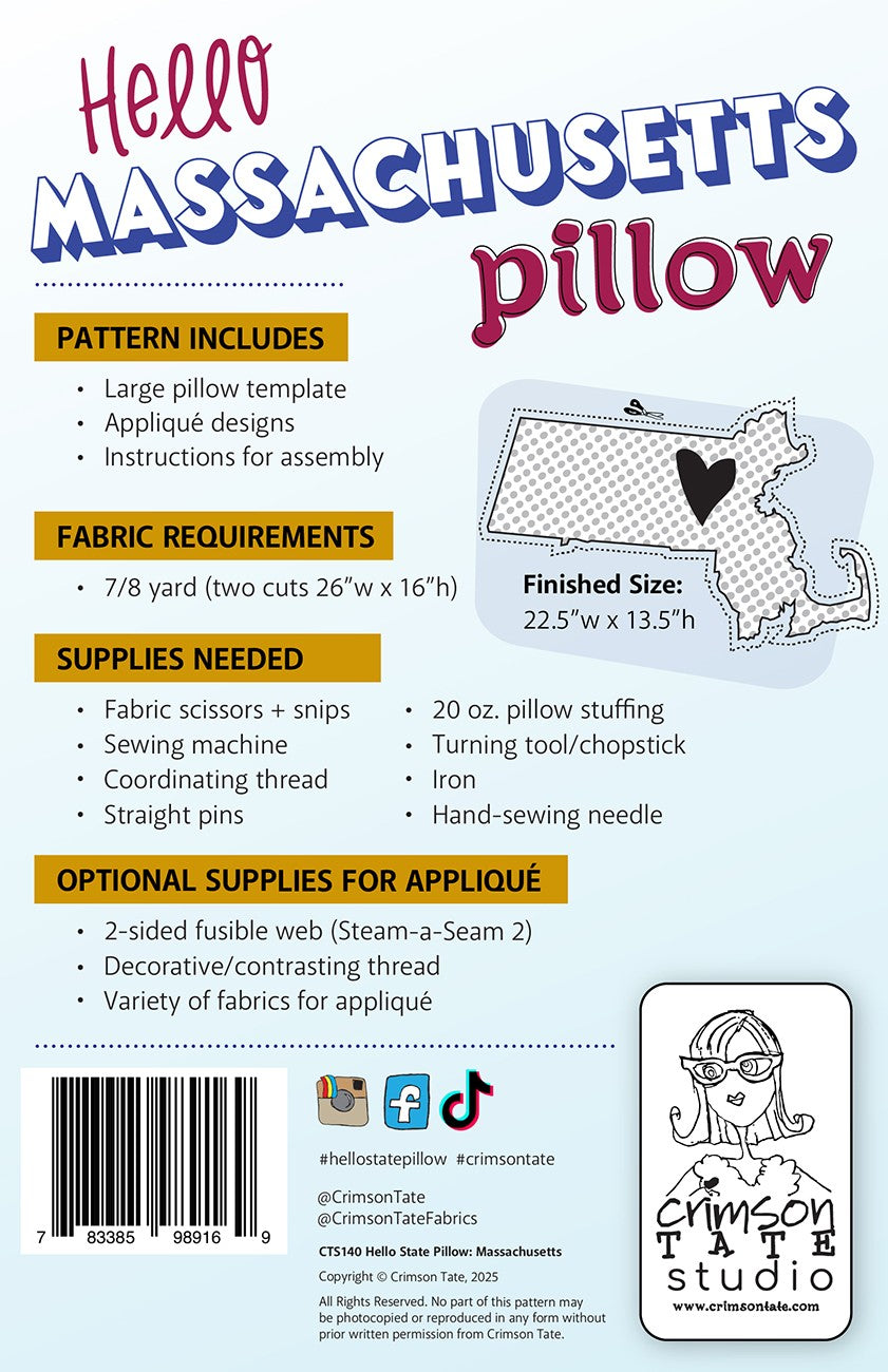 Hello Massachusetts Pillow Pattern