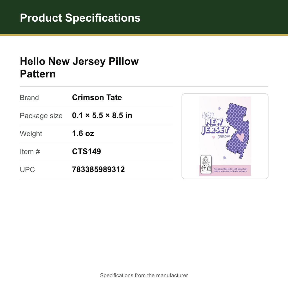 Product Specifications – Hello New Jersey Pillow Pattern