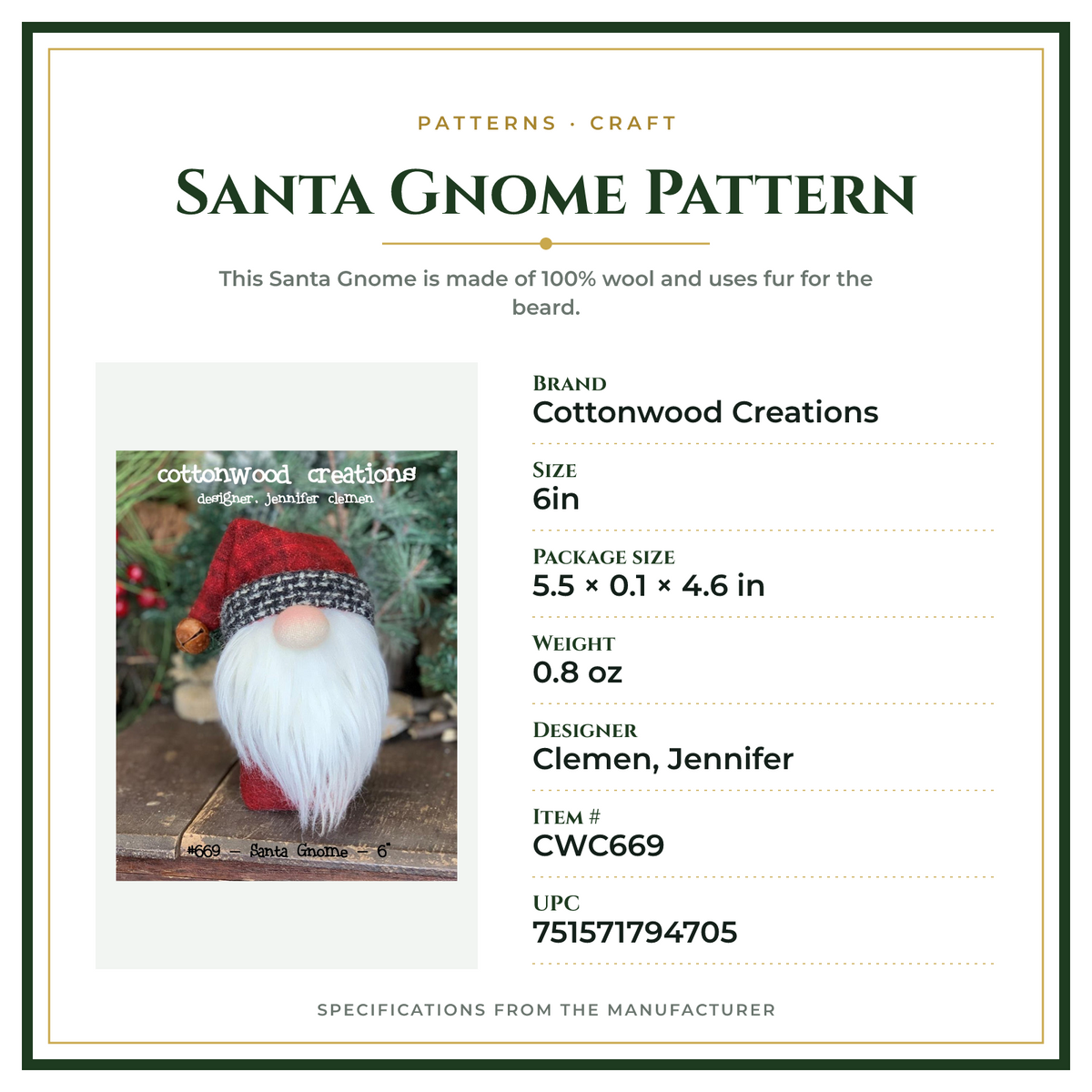 Product Specifications – Santa Gnome Pattern