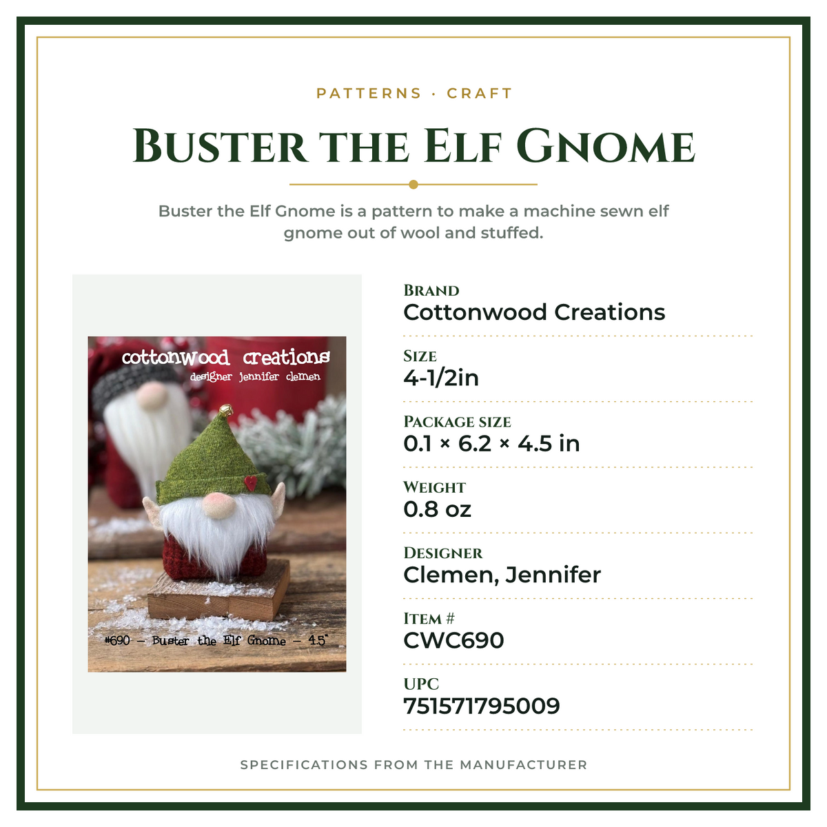 Product Specifications – Buster the Elf Gnome