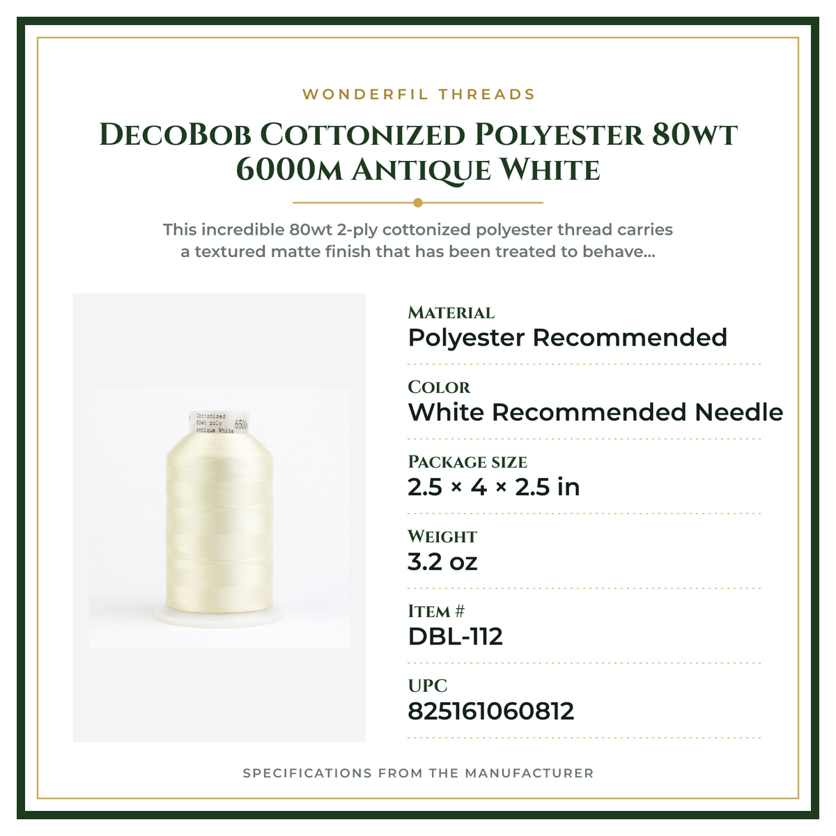 Product Specifications – DecoBob Cottonized Polyester 80wt 6000m Antique White