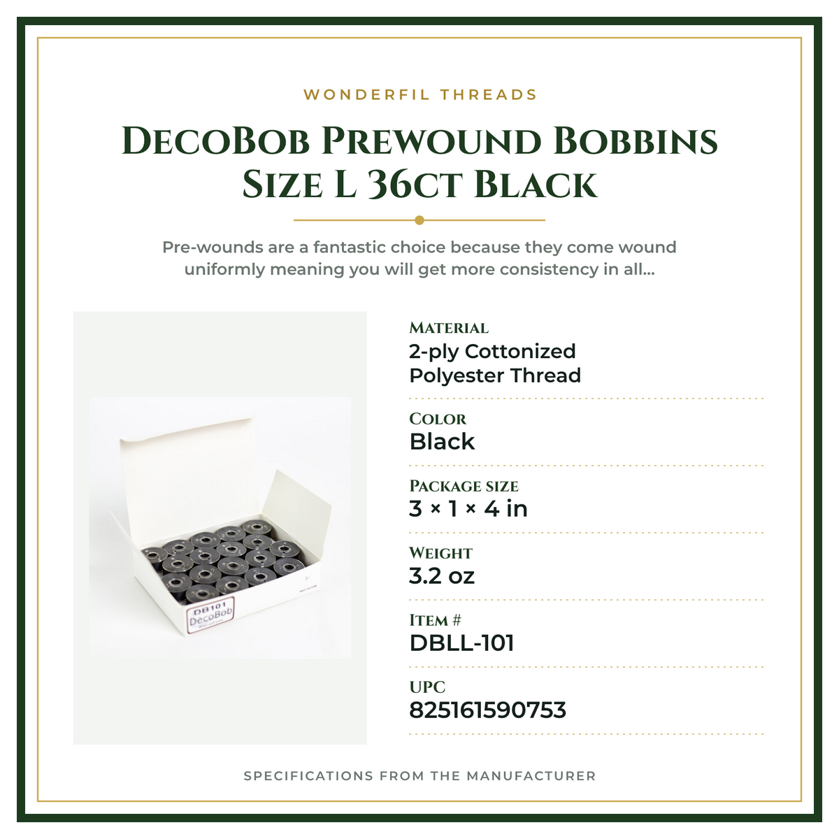 Product Specifications – DecoBob Prewound Bobbins Size L 36ct Black